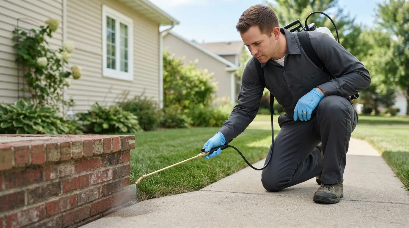 Pest control technician treating a home near Monticello, MN